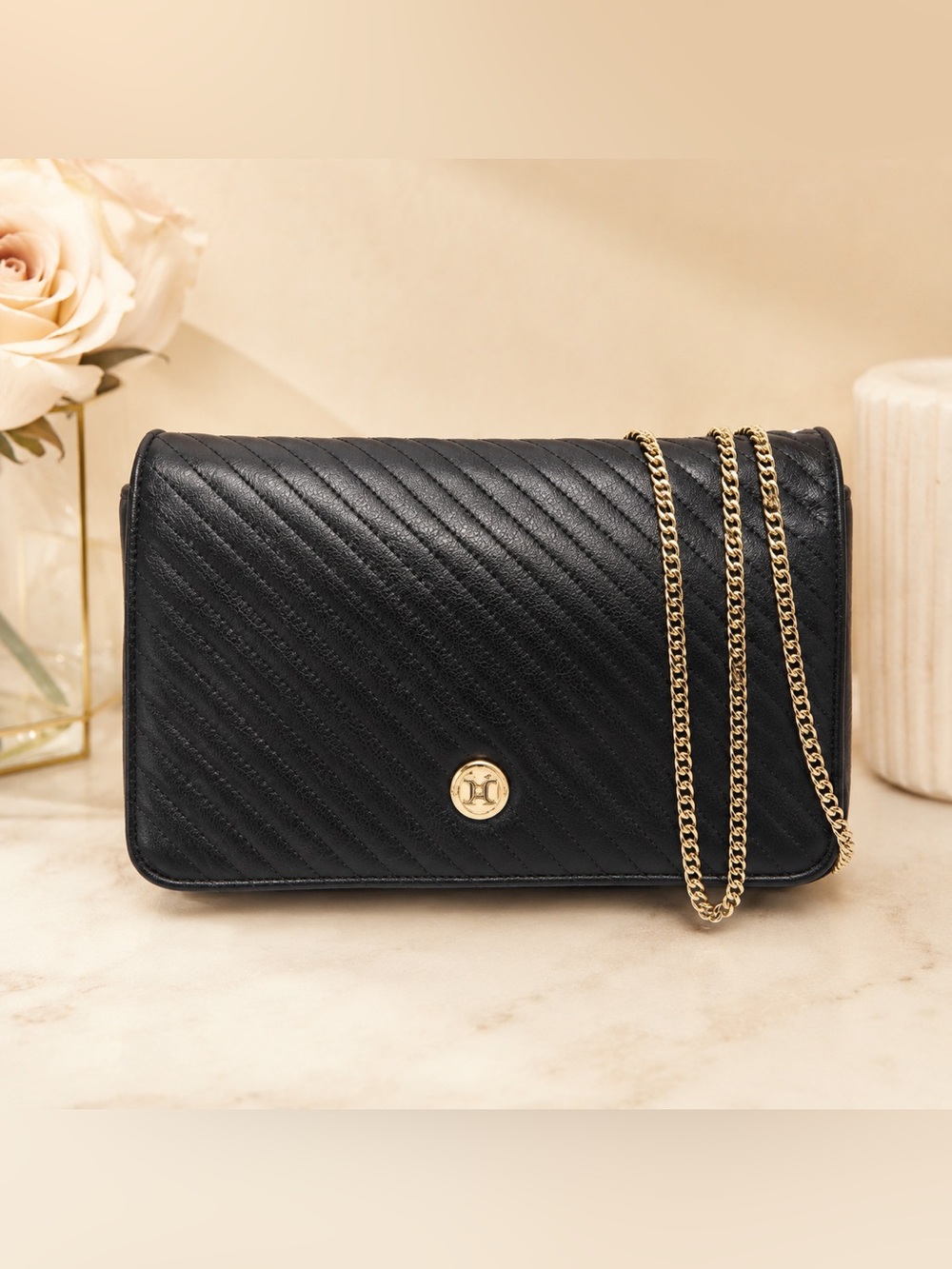 Vintage Celine Black Quilted Leather Crossbody with Gold Chain